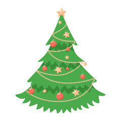 Decorated Christmas tree vector flat illustration isolated on white background. Green and beautiful fir tree with garlands, beads, stars, and balls. Happy New Year and Merry Christmas design element.