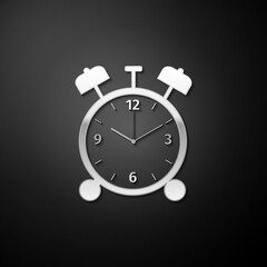 Silver Alarm clock icon isolated on black background. Wake up, get up concept. Time sign. Long shadow style. Vector.