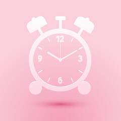 Paper cut Alarm clock icon isolated on pink background. Wake up, get up concept. Time sign. Paper art style. Vector.