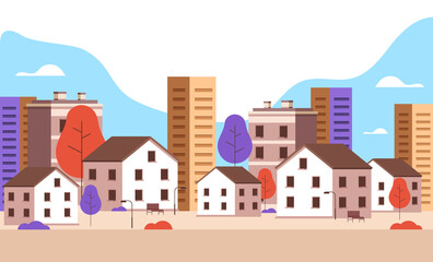 Small simple city town street concept. Vector flat cartoon graphic design illustration
