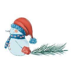 Snowman with Christmas tree. Illustration on white background
