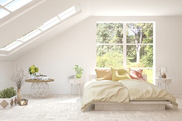 White stylish minimalist bedroom with summer landscape in window. Scandinavian interior design. 3D illustration