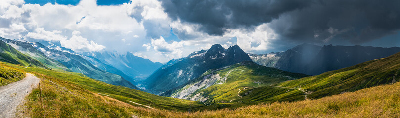 Panorama of the valley and the storm is comming to the Chamonix Mont Blanc valley over the mountain...