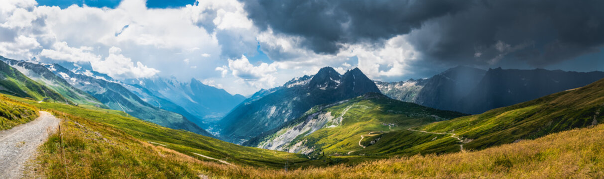 Panorama of the valley and the storm is comming to the Chamonix Mont Blanc valley over the mountain range from the Auvergne Rhone Alps, France