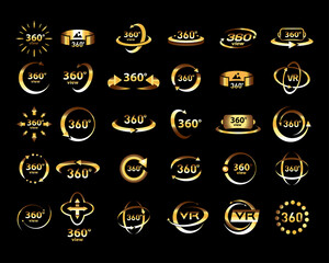 Gold 360 Degrees View Vector Icons set. Virtual reality icons. Isolated vector illustrations. Golden version.