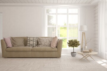 White living room with sofa and summer landscape in window. Scandinavian interior design. 3D illustration