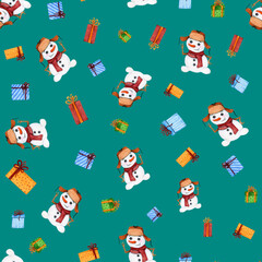 Fototapeta premium snowmen with gifts pattern