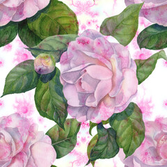 Camellia flowers. Branches with flowers, buds and leaves. Seamless background. Oriental style drawing. Graphic arts. Use printed materials, signs, objects, sites, maps, posters, postcards, packaging.