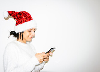 Happy young cute georgian woman texts with happy calm face isolated in white background. Concept of communication and social media.