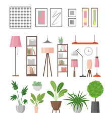 Vector illustration set of interior decor elements. Home plants in pots, lamps, shelves and pictures in frames for decor your living room or office. Collection of furniture in flat style.