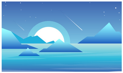 Vector illustration of night landscape with lake and mountains in futuristic style. Beautiful moon and night sky landscape.