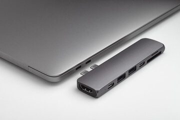 Close-up photo of type-c hub and laptop