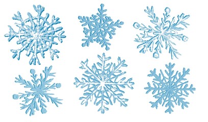 Set of blue snowflakes on a white background. Christmas decorations. Illustration.