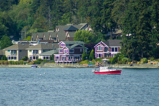 Boat And Houses On Puget Sound Near Seattle, Washington