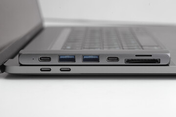 Close-up photo of type-c hub with laptop