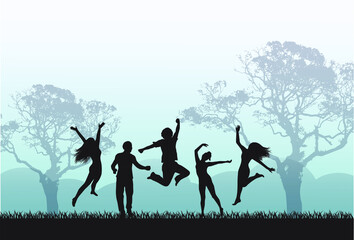 Happy silhouettes of people jumping in the meadow against the background of trees and mountains
