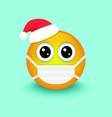 Yellow emoticon in red santa claus hat and medical mask