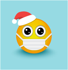 Yellow emoticon in red santa claus hat and medical mask