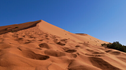 Ascent to a giant sand dune with footprints in the sand seen from the ground in Erg Chebbi near Merzouga, Morocco, Africa on sunny day with blue sky.