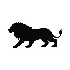Walking black lion silhouette with mane and tail, isolated on white background. Vector illustration.  Good for print, emblem, decoration, icon,  t-shirt design, etc. 