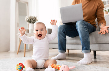 Baby Toddler Shouting Bothering Father While He Working At Home