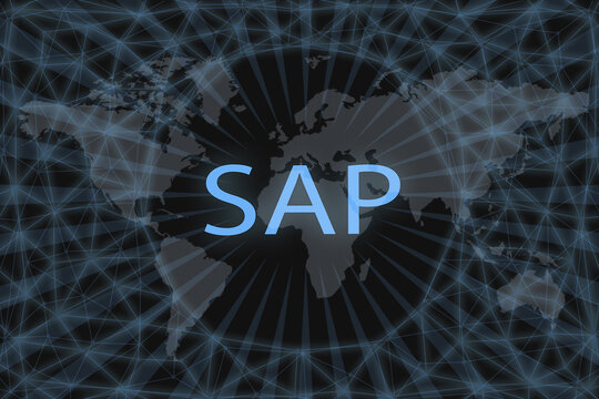 SAP inscription on a dark background and a world map.