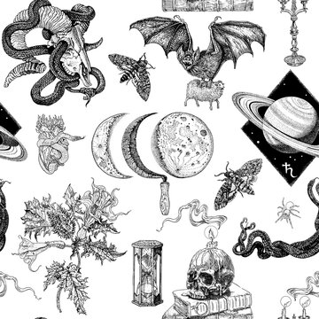 Black magic seamless pattern. Skulls, candles, flames, snakes, bat, moon, datura, saturn, hourglass. Hand drawn engraving tattoo style illustration. Macabre, nocturnal, gothic, witchcraft symbols.