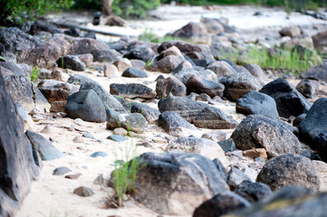 large stones by the lake. Summer river landscape. Karelia, Russia, Palleozero