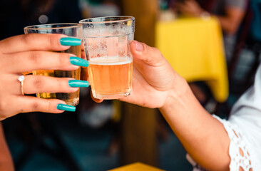Two girl friends toasting with glasses of light beer on typical brazilian cup (americano long...