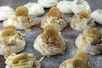 Individual banoffee meringue nests.
