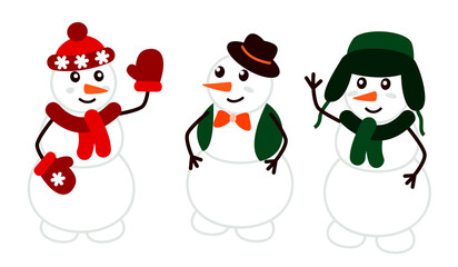 Set of funny snowmen in hats, scarves and mittens isolated on white for winter holiday design - characters for Christmas and New Year greeting card