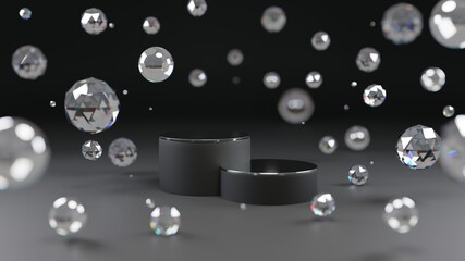 Black 3d podium with crystal. Glitter and mirror platform elements with glass. 3d illustration with pure flying gems.