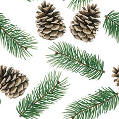 Elegant watercolor Christmas pinecones and pine branch pattern