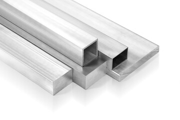 Aluminium bars stacked on white background