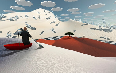 Surreal desert with chess figures. Man in red umbrella floating on white desert. Figure of man in a distance. Green tree at the horizon. 3D rendering