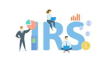 IRS, Internal Revenue Service. Concept with keyword, people and icons. Flat vector illustration. Isolated on white background.
