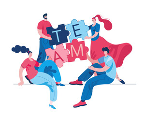 Girls and boys connect puzzles with the word Team. Concept of a vector illustration in a flat style on the theme of teamwork and joint solutions.