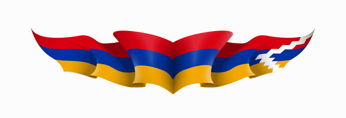 Nagorno-Karabakh and Armenia flags state symbols isolated on background national banner. war for independence of Artsakh Nagorno-Karabakh, Armenia. Illustration banner with realistic state flag.