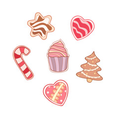 Cute doodle sweets of muffin, gingerbread, heart cookies, lollipop on white isolated background. Suitable for menu design, sticker, postcard, banner.