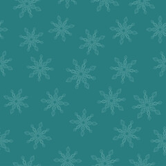 Obraz na płótnie Canvas Light blue snowflakes mandala on calm turquoise background. Seamless winter monochrome pattern. Suitable for packaging, textile.