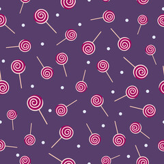 Purple and pink lollipop with light snow on calm violet background, Seamless Christmas candy winter pattern. Suitable for packaging, wallpaper.
