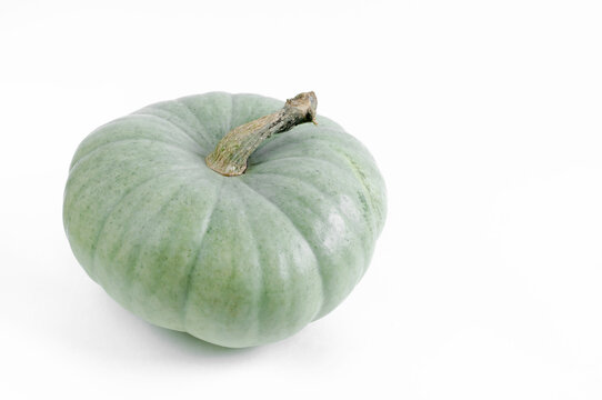 Green pumpkin on a white background. Daylight. Selective focus. Copy space for text