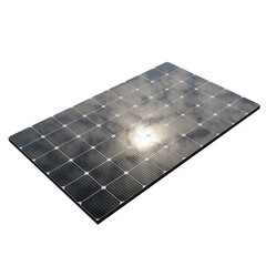 Black monocrystalline solar panel with sun reflection - obrazy, fototapety, plakaty