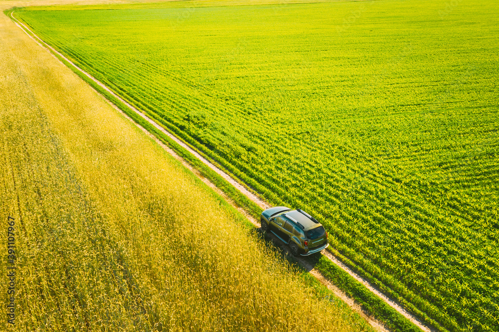 Wall mural aerial view of car suv parked near countryside road in spring field rural landscape. car between you