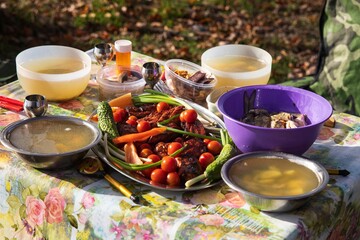 Table with fishing soup and barbecue dish in autumn forest