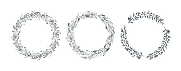 Hand drawn decorative floral round wreath frame