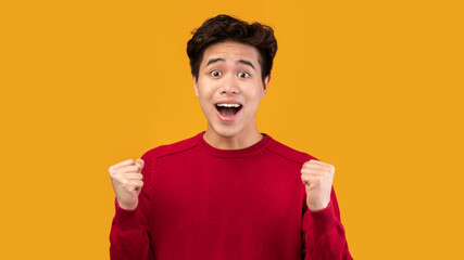 Portrait of excited asian male model screaming with raised fists