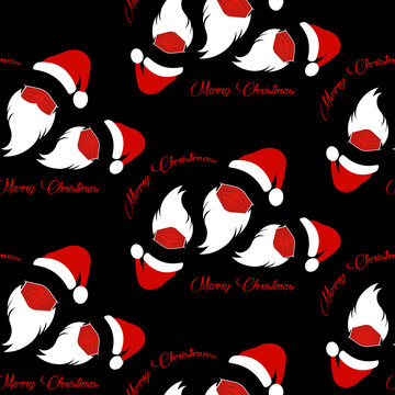 Santa Claus Wears Red Surgical Mask With Hat And White Beard, Coronavirus Protection Concept Seamless Texture Pattern, Merry Christmas Pattern Isolated On Black Background