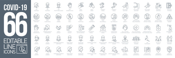 Prevention and symptoms Coronavirus Covid19 line icons set isolated on white. Perfect outline health medicine symbols pandemic banner. Vector design elements covid virus treatment with editable Stroke