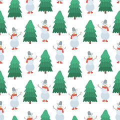 Cute Christmas seamless pattern with hand drawn Snowmen and green fir trees. Winter doodle texture with holiday elements for textile, wrapping paper, wallpaper, new year decor